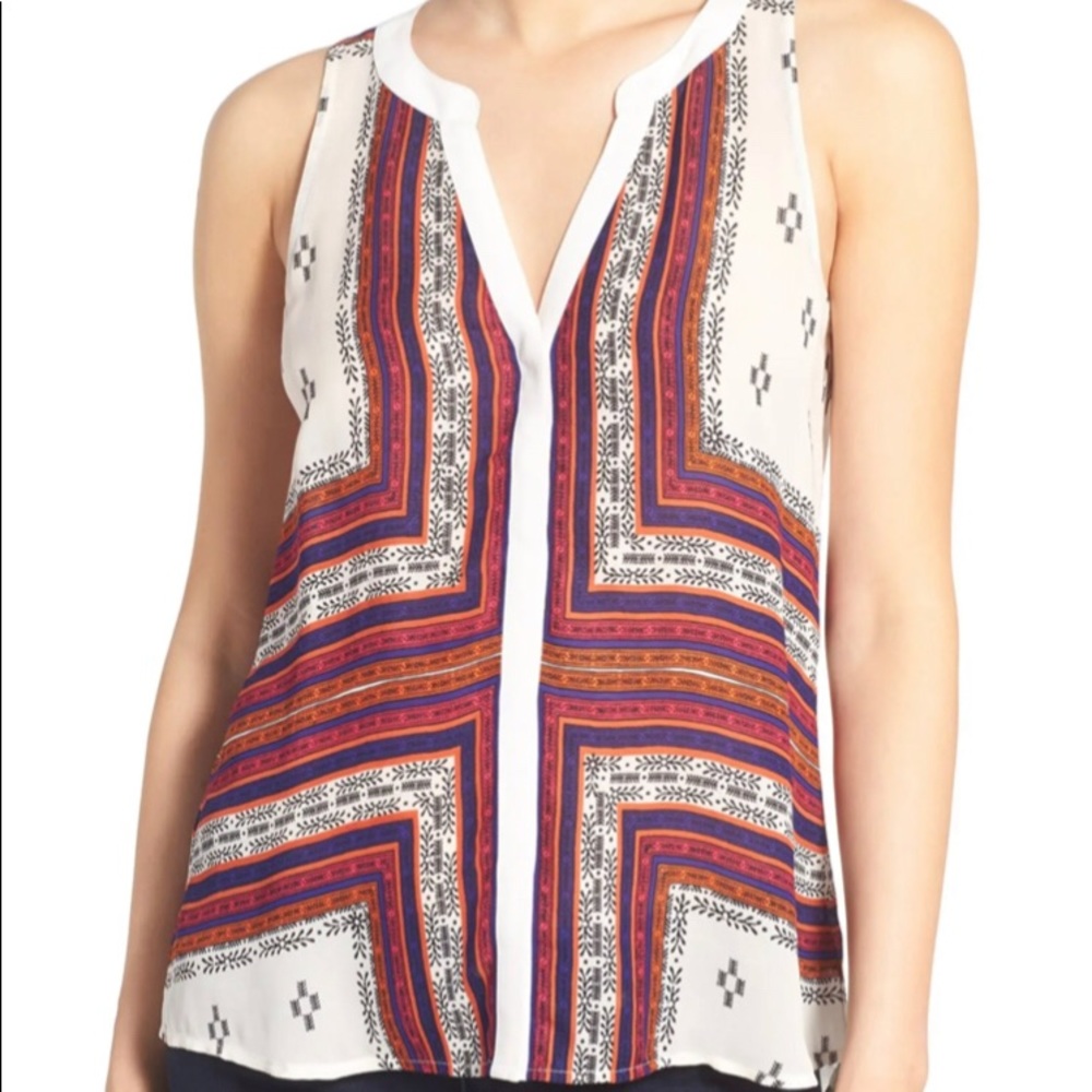 Sanctuary Cream Sleeveless V-Neck Tank with Red and Blue Geometric Border